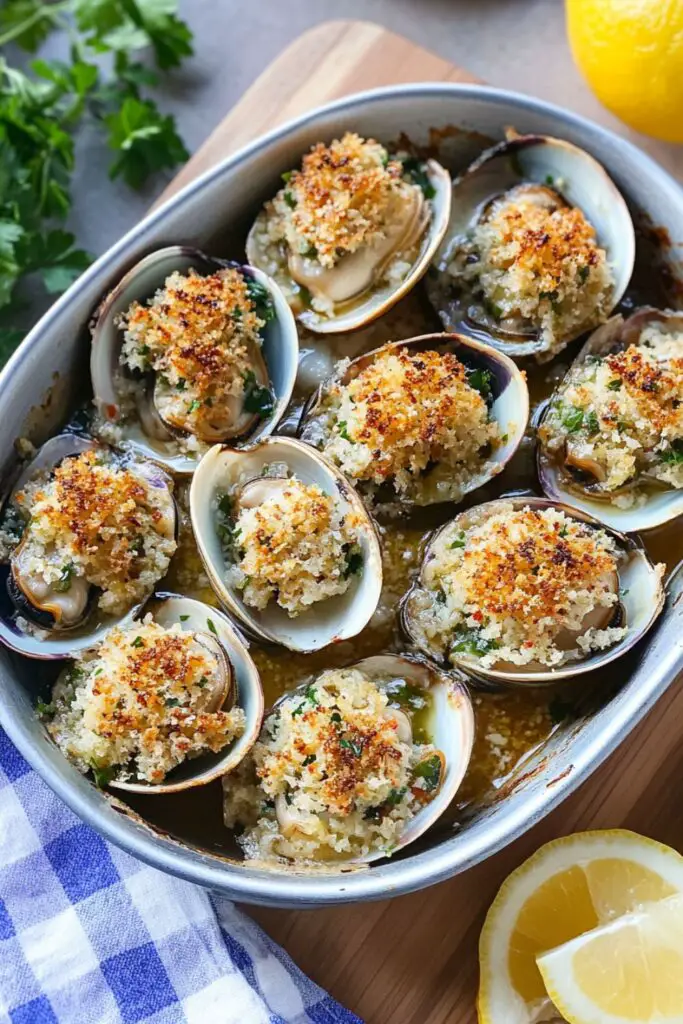 A dish of stuffed baked clams topped with golden breadcrumbs, seasoned with lemon and garlic, perfect as a classic Italian Christmas Eve appetizer for seafood lovers.