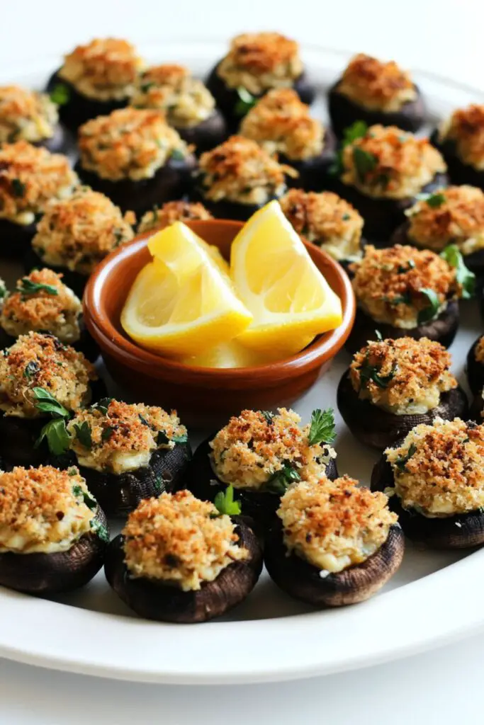 Plate of stuffed mushrooms topped with crispy breadcrumbs, served with lemon wedges, representing a traditional Italian Christmas Eve appetizer.