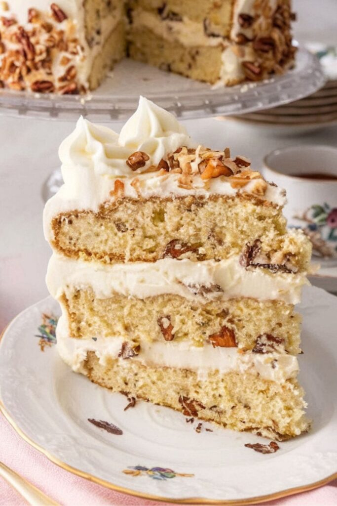 A slice of Italian cream cake featuring layers of moist vanilla cake, cream cheese frosting, and topped with toasted coconut and pecans, a delicious traditional Italian Christmas treat.