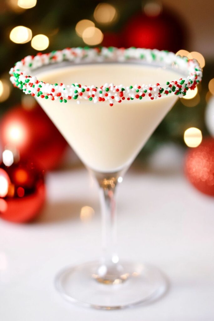 Festive Sugar Cookie Martini garnished with red, green, and white sprinkles on the rim of the glass, a creamy dessert cocktail perfect for Christmas celebrations.