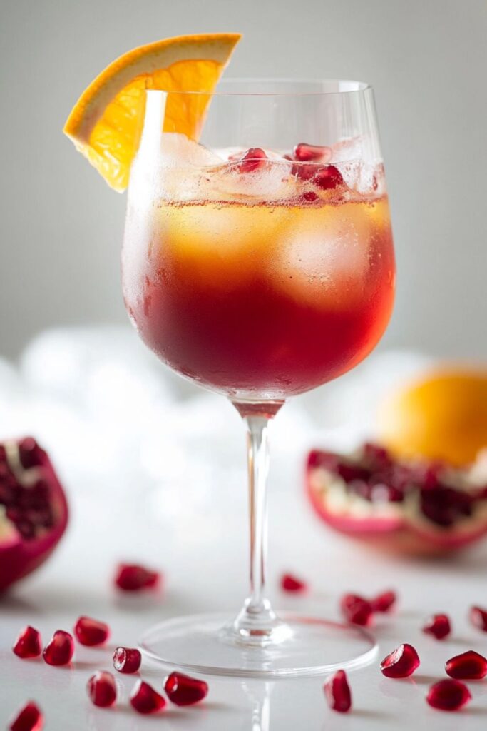 Refreshing pomegranate Aperol spritz in a glass with ice, garnished with orange slices and pomegranate seeds, perfect for an Italian holiday celebration.