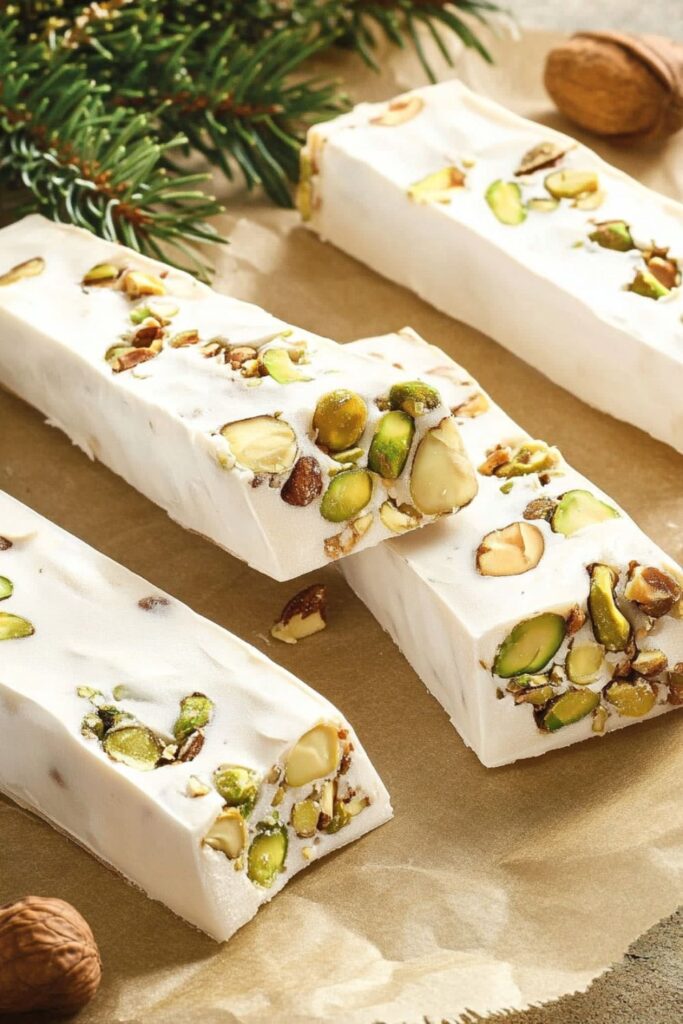 Traditional Italian nougat candy, or torrone, with a soft, white texture filled with roasted almonds, pistachios, and hazelnuts, presented on parchment paper.