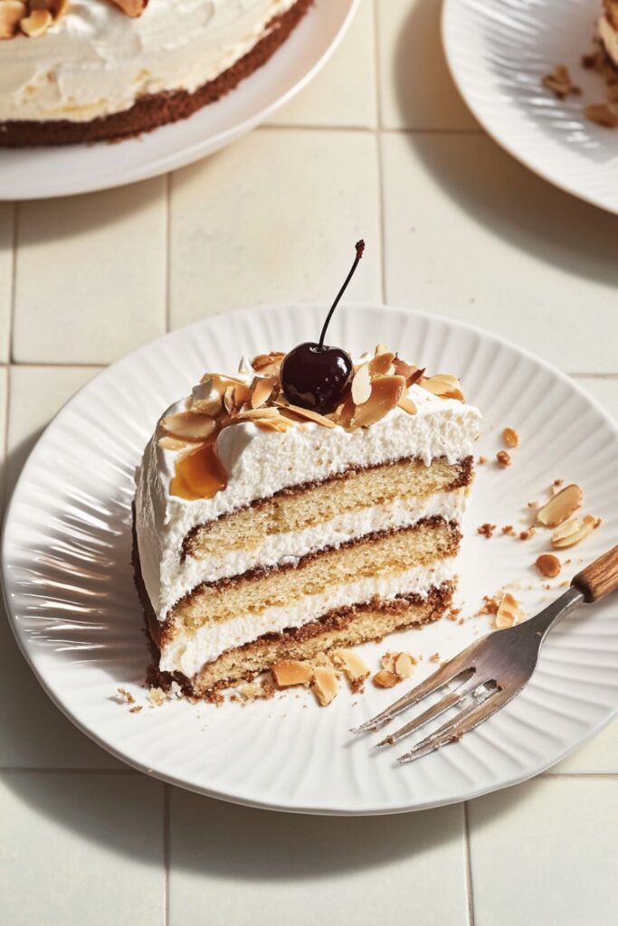 A layered Italian Christmas dessert featuring rum-soaked sponge cake with vanilla and chocolate pastry cream, topped with whipped cream and almond slices.