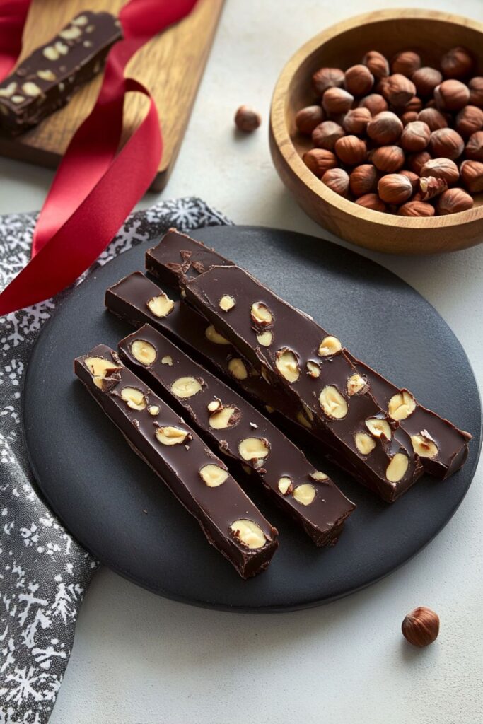 Keto-friendly chocolate hazelnut torrone bars arranged on a black plate, showcasing dark chocolate and roasted hazelnut pieces, perfect for a low-carb holiday treat.