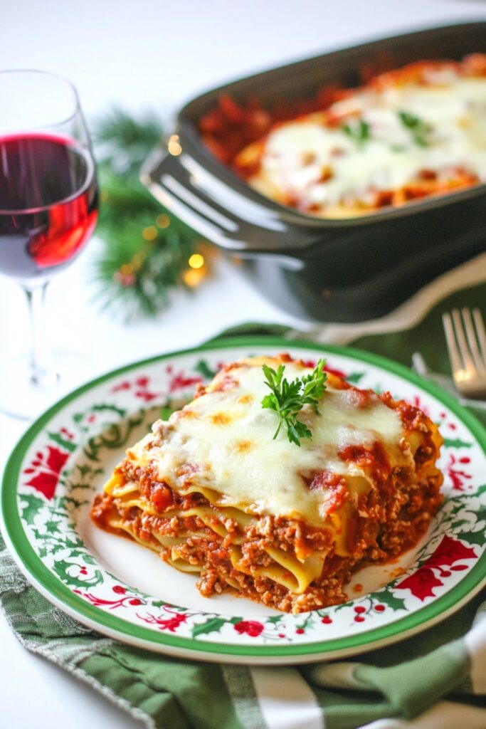 Small loaf pan of baked lasagna served on a plate, perfect for a cozy Italian Christmas dinner for two.