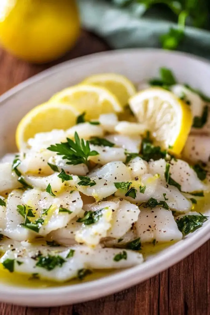 A close-up view of lemon cod salad, garnished with fresh parsley, served on a platter as part of a traditional Italian Christmas Eve dinner. The dish is a classic choice for the feast of 7 fishes Italian Christmas, showcasing light and refreshing flavors.