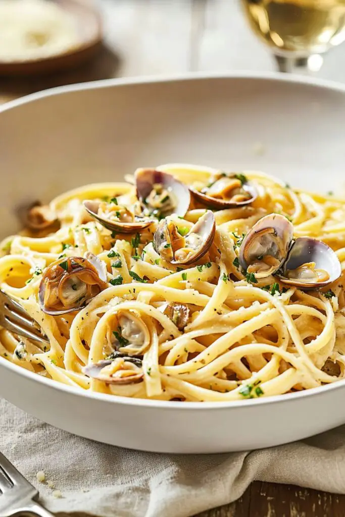 Delicious plate of linguine with white clam sauce served as a part of Italian Christmas Eve dinner. The pasta is garnished with fresh herbs, showcasing a classic Italian seafood pasta Christmas Eve dish.