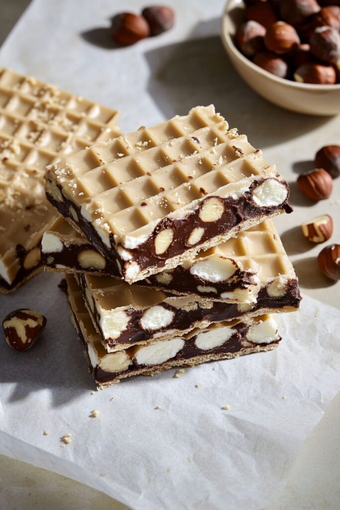 Italian marshmallow torrone with layers of chocolate and hazelnuts sandwiched between crispy wafer sheets, cut into diamond shapes and displayed on parchment paper.