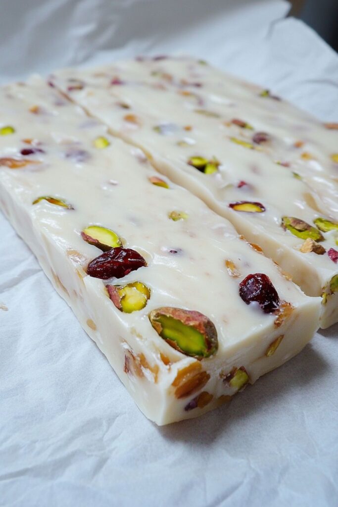 Soft Italian nougat candy made with marshmallows, featuring a creamy texture with embedded nuts and dried fruits, perfect for a holiday treat or gift.