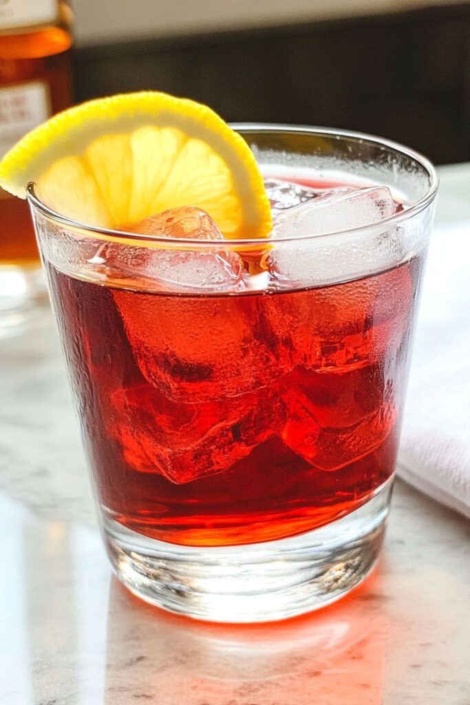 A vibrant Milano-Torino cocktail garnished with a lemon slice, showcasing its deep red color. The drink is served over ice in a clear glass, with fresh lemons beside it, emphasizing its refreshing nature.