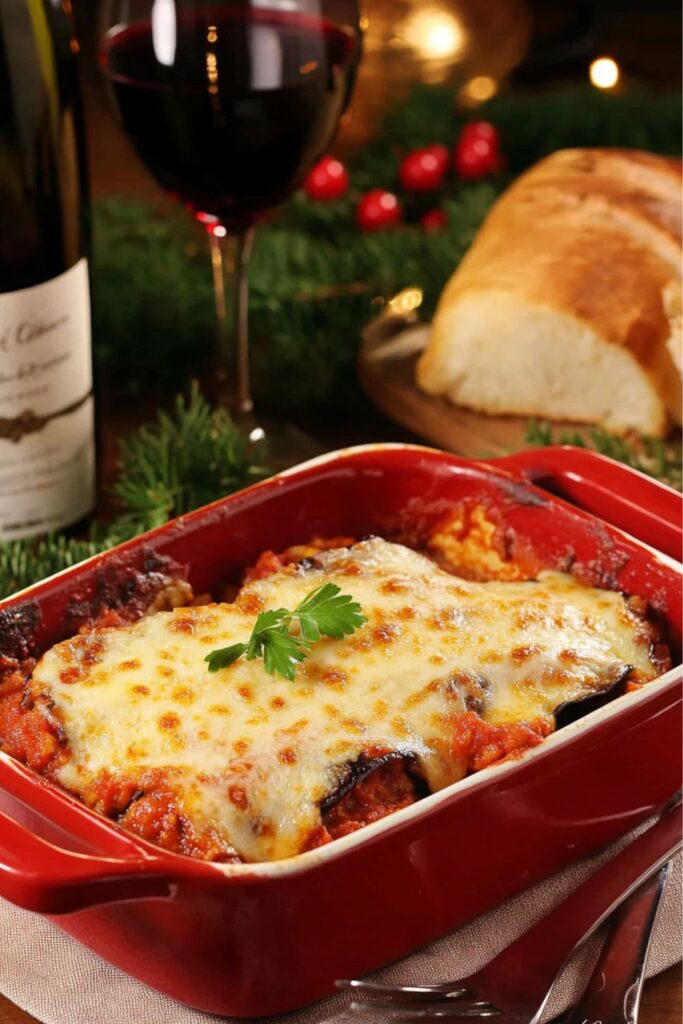 Small baking dish of eggplant parmesan with melted cheese, ideal for an intimate Christmas dinner for two.