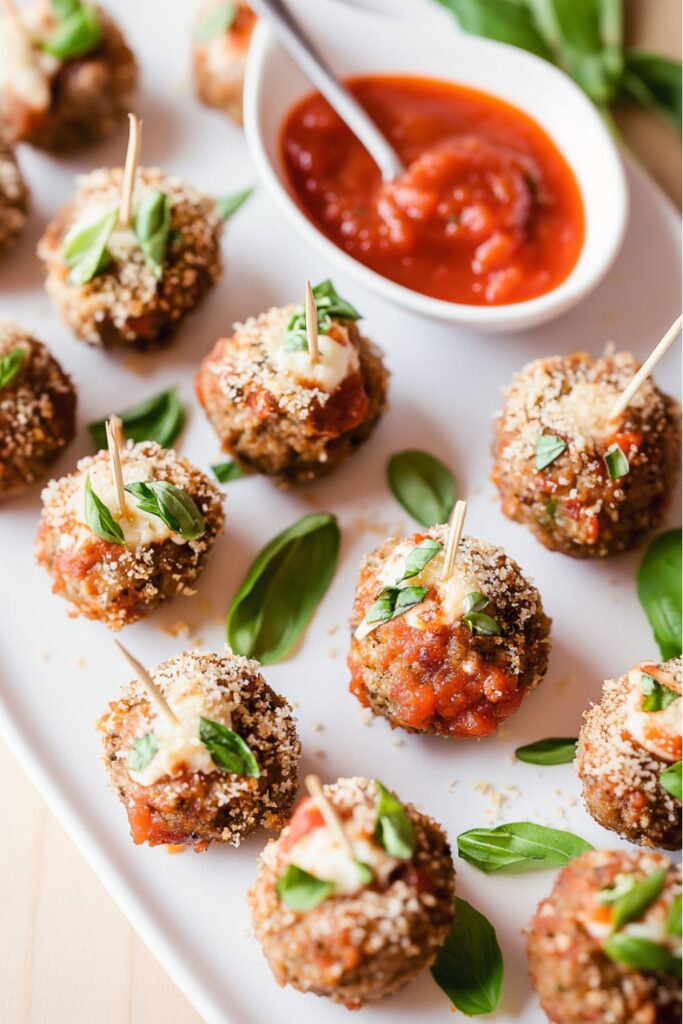 Mozzarella stuffed meatballs topped with marinara sauce and fresh basil, arranged on a platter with toothpicks for easy serving, ideal as a festive appetizer for a Christmas party buffet.