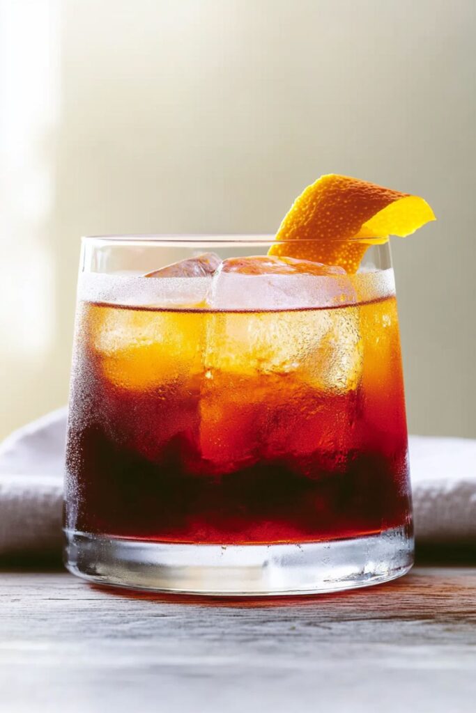 A Negroni Sbagliato served in a low glass with ice, garnished with an orange slice. The drink displays a rich amber color with layers of deep red and orange hues.