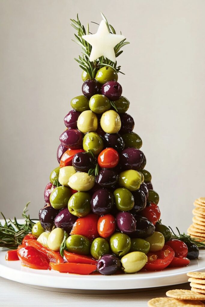 A festive olive Christmas tree made of green, black, and Kalamata olives, garnished with rosemary sprigs and roasted red peppers. The tree is topped with a mozzarella star and served with stacks of crackers, making it a perfect centerpiece for a Christmas buffet table.