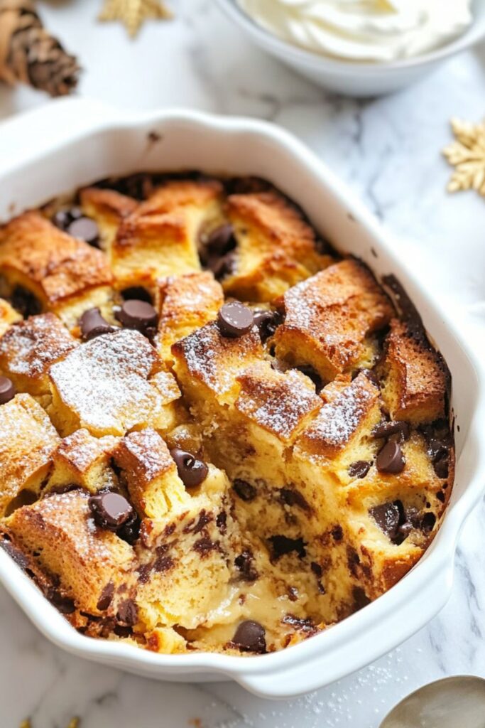 A serving of Panettone Bread and Butter Pudding drizzled with creamy sauce, topped with chocolate chips, served in a white bowl, set against a festive backdrop.