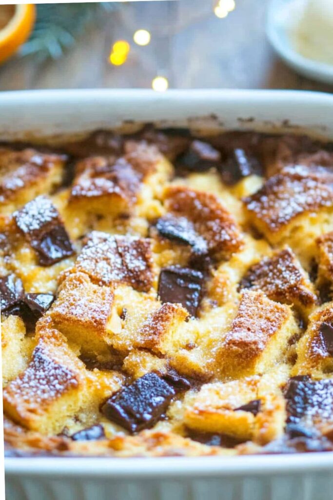 A freshly baked Panettone Bread Pudding, golden brown and topped with crispy edges, served in a rectangular baking dish, perfect for the holidays.