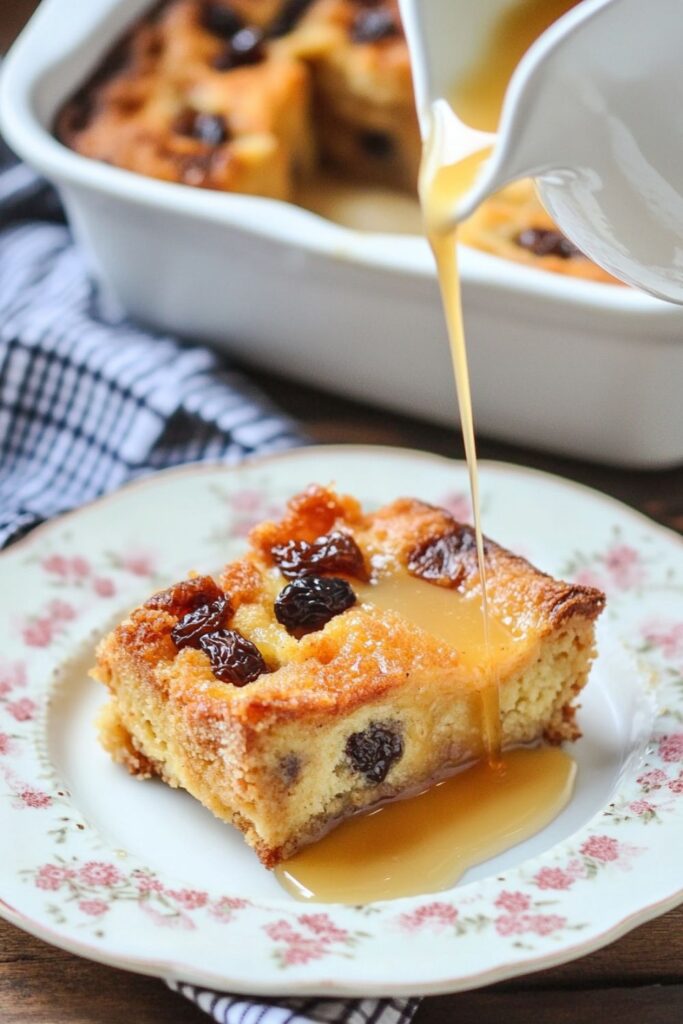 A serving of Panettone Bread Pudding drizzled with creamy rum syrup, garnished with orange slices, displayed on a decorative plate with a pan of bread pudding in the background.