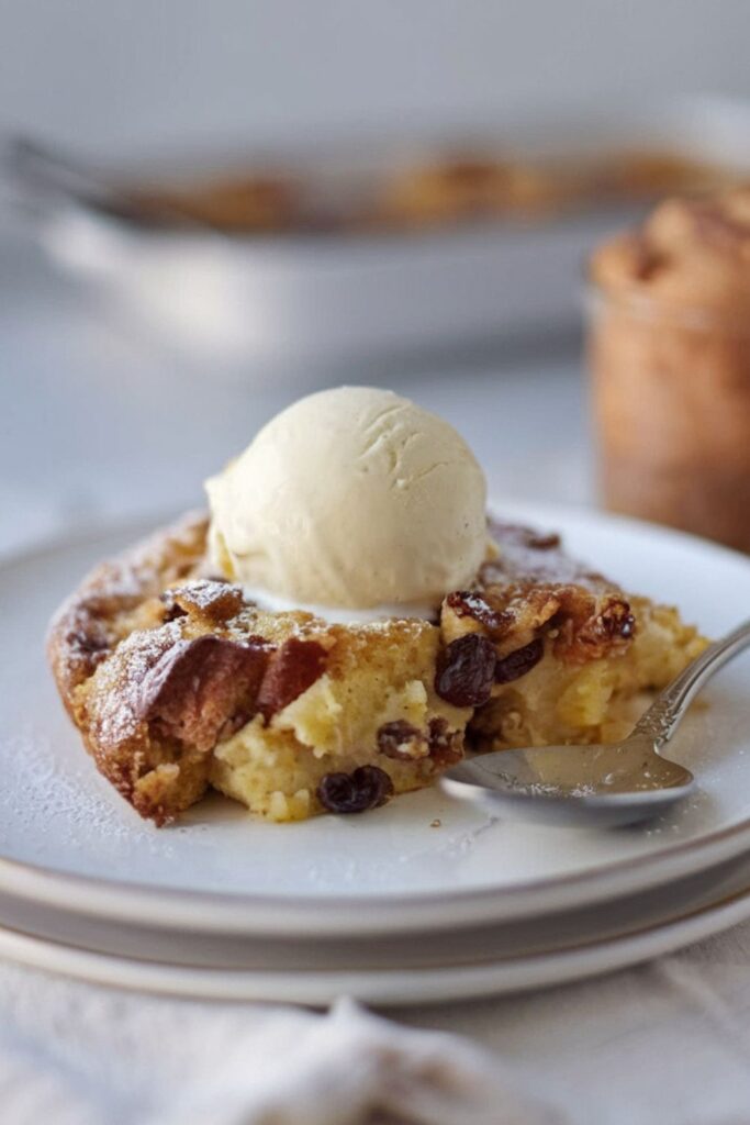 A slice of warm panettone bread pudding topped with vanilla ice cream, served on a plate—perfect for an Italian Christmas dinner for two.