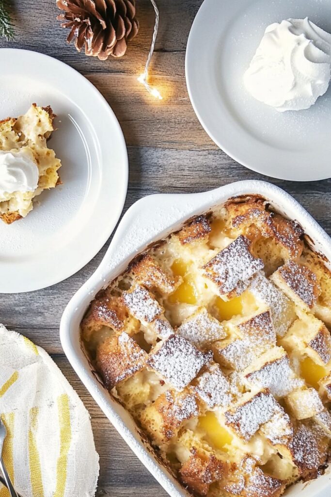 A delicious Panettone Bread Pudding with a golden crust, topped with a crunchy sugar layer, served alongside a lemon filling, perfect for festive occasions.