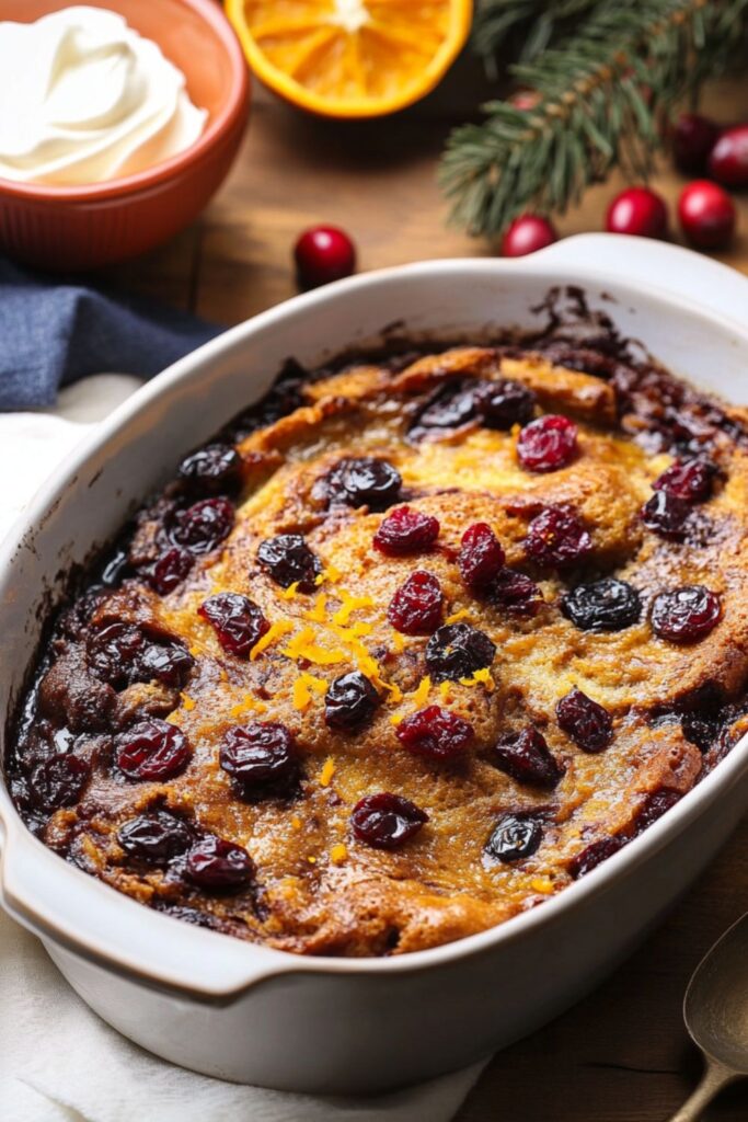 A warm Panettone & Butter Pudding topped with dark chocolate chunks and dried cranberries, served with a side of whipped cream, perfect for festive occasions.