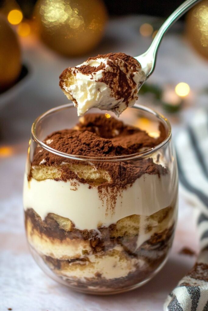 A serving of Panettone Tiramisu in a glass, featuring layers of mascarpone cream, coffee-soaked panettone, and a dusting of cocoa powder, a festive twist on the traditional Italian Christmas dessert.