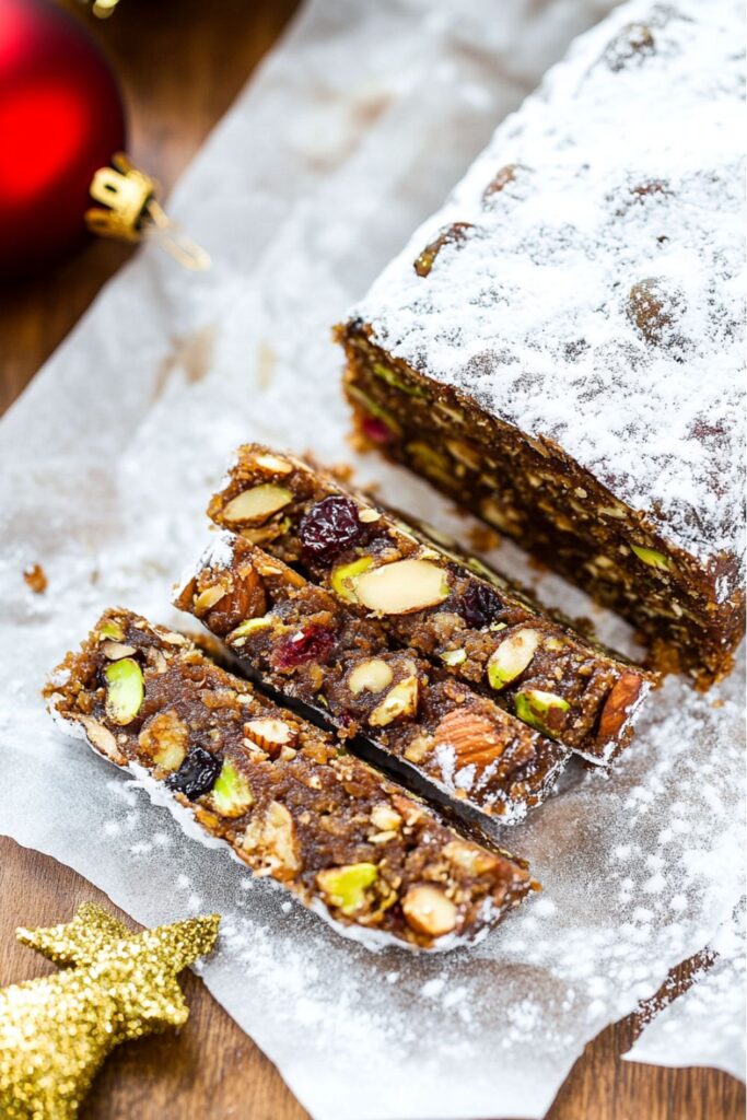 Sliced panforte, a traditional Italian Christmas dessert, dusted with powdered sugar and packed with nuts and dried fruits, served on parchment paper next to a red Christmas ornament.