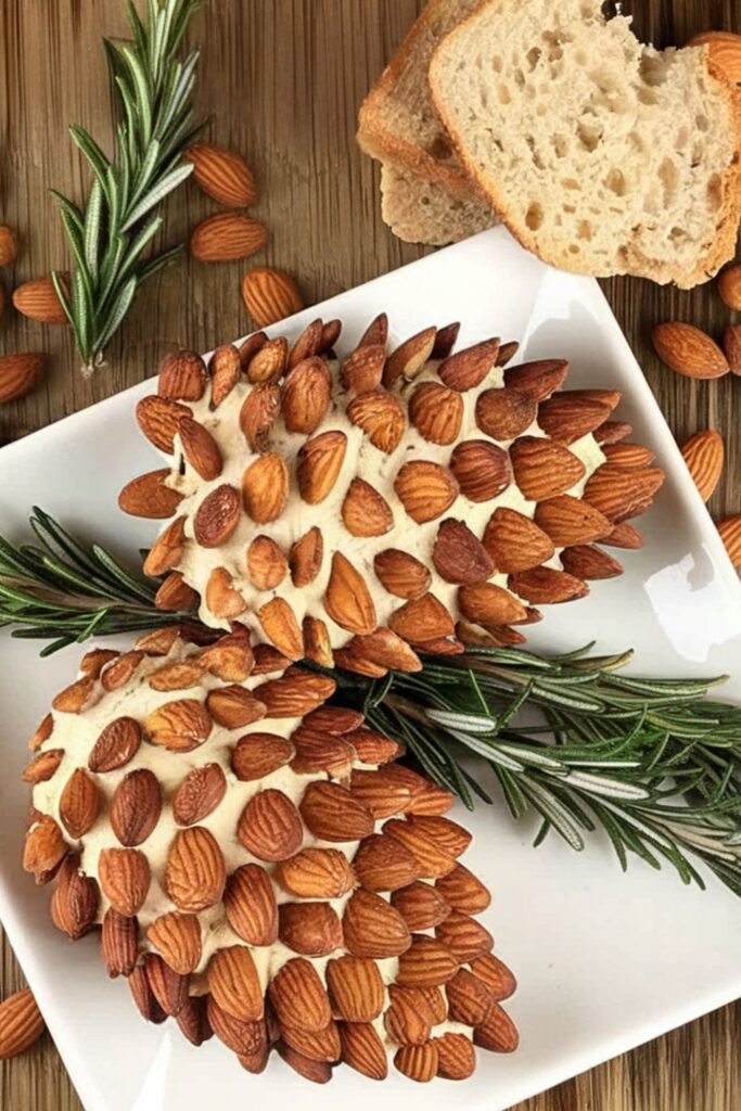 A festive pine cone cheese ball appetizer decorated with toasted almonds, arranged with fresh rosemary sprigs and served with sliced bread, ideal for a Christmas party food spread.