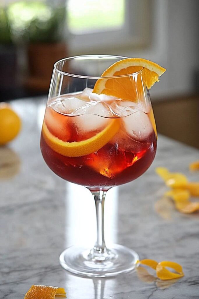 A refreshing Pirlo cocktail served in a glass with ice, garnished with orange slices. The drink features a vibrant red hue from Campari and is set against a backdrop of lemon slices, embodying a classic Italian aperitif.