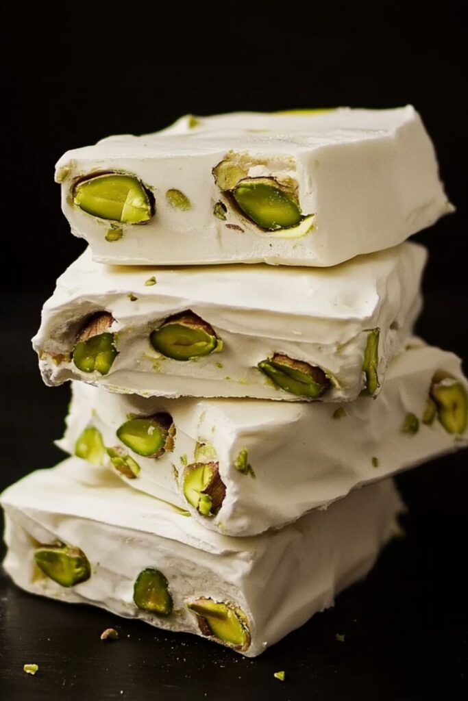 Stack of soft Italian nougat, or torrone, filled with vibrant green pistachios against a dark background, highlighting the pillowy white nougat and colorful nut texture.