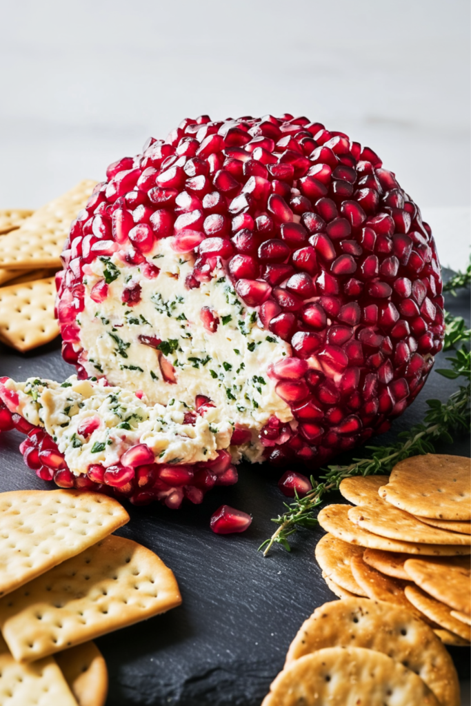 A festive cheese ball covered in vibrant pomegranate seeds, revealing a creamy and herb-filled center. It is surrounded by a variety of crackers, making it an eye-catching appetizer for a Christmas buffet table.