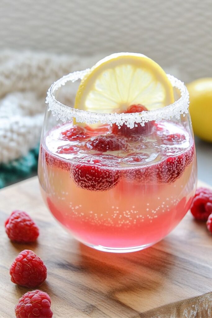 A refreshing Raspberry Limoncello Prosecco cocktail garnished with lemon slices and fresh raspberries, perfect for holiday celebrations.