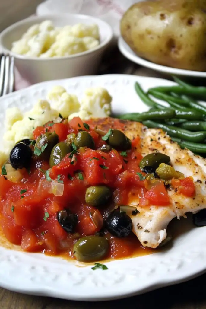 Red Snapper Livornese served with a medley of vegetables, showcasing a flavorful tomato and olive sauce, perfect for a traditional Italian Christmas Eve dinner fish dish. The meal includes cauliflower, green beans, and baked potato, ideal for Italian Christmas Eve side dishes.