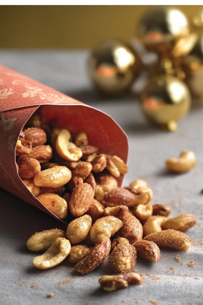 A small paper cone filled with holiday roasted nuts coated in cinnamon and sugar, perfect for a Christmas buffet or festive snack.