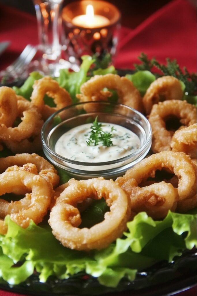 Plate of crispy fried calamari served with a creamy dipping sauce, a perfect starter for an intimate Christmas dinner for two.