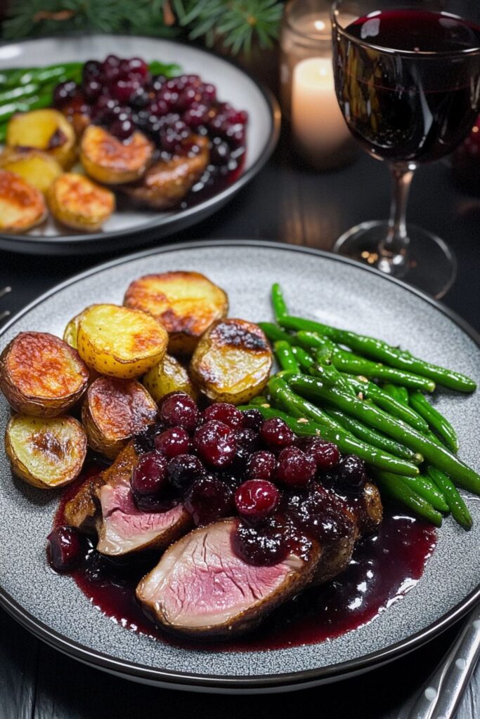 Plate of crispy duck with cherry-pinot noir sauce, roasted potatoes, and green beans, perfect for an elegant Christmas dinner for two.