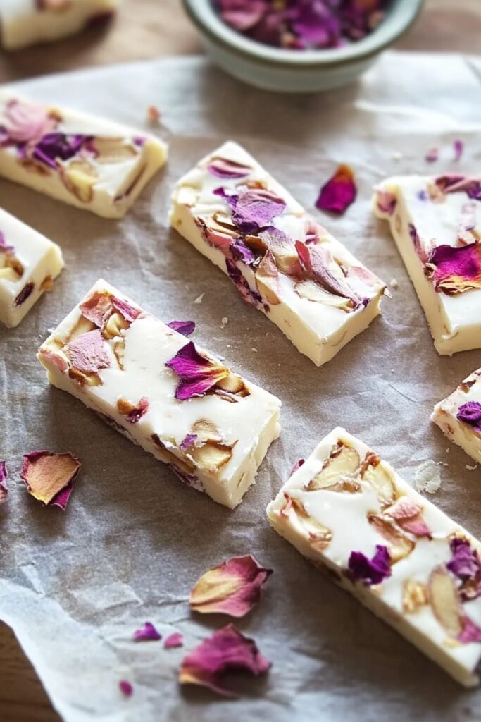 Pieces of Italian torrone candy decorated with dried rose petals on a parchment surface, showcasing a unique blend of soft nougat and floral garnish.