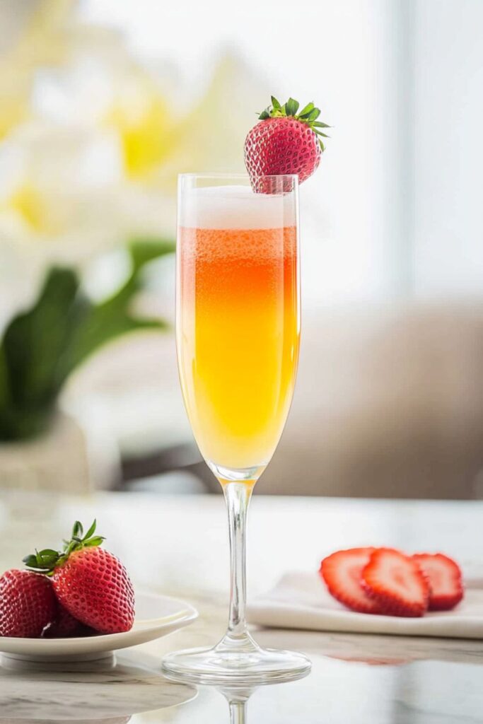 A vibrant Rossini cocktail in a tall champagne flute, showcasing a gradient of orange and pink hues topped with a fresh strawberry slice. The drink is surrounded by fresh strawberries, emphasizing its fruity essence.