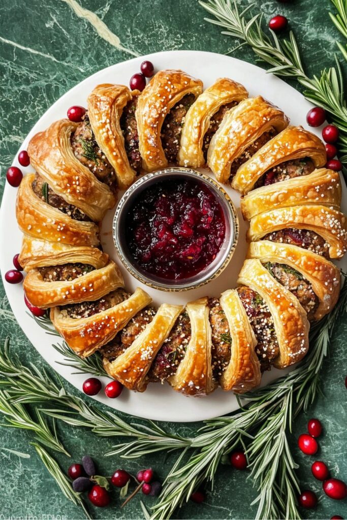 A golden-brown sausage roll wreath garnished with sesame seeds, surrounding a bowl of cranberry dipping sauce. Fresh rosemary and sage leaves add a festive touch, making it an eye-catching appetizer for a Christmas buffet spread.