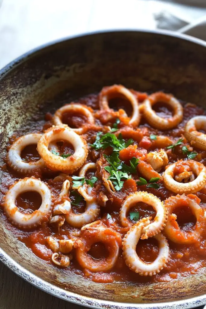 A dish of sautéed calamari in tomato sauce, served as part of a traditional Italian Christmas Eve dinner. The calamari rings are cooked to perfection, making it a flavorful addition to the 7 fishes recipes Italian Christmas.