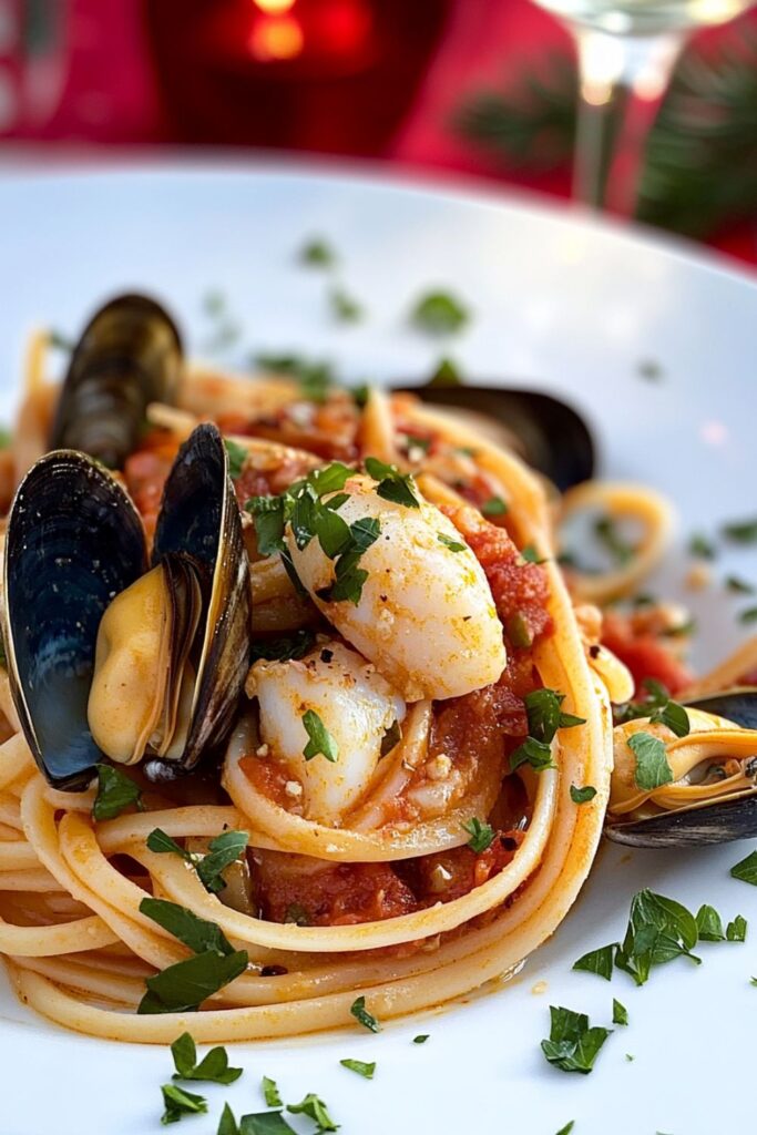 Plate of seafood linguine with fresh parsley and a tomato-based sauce, perfect for a seafood-focused Christmas dinner for two.