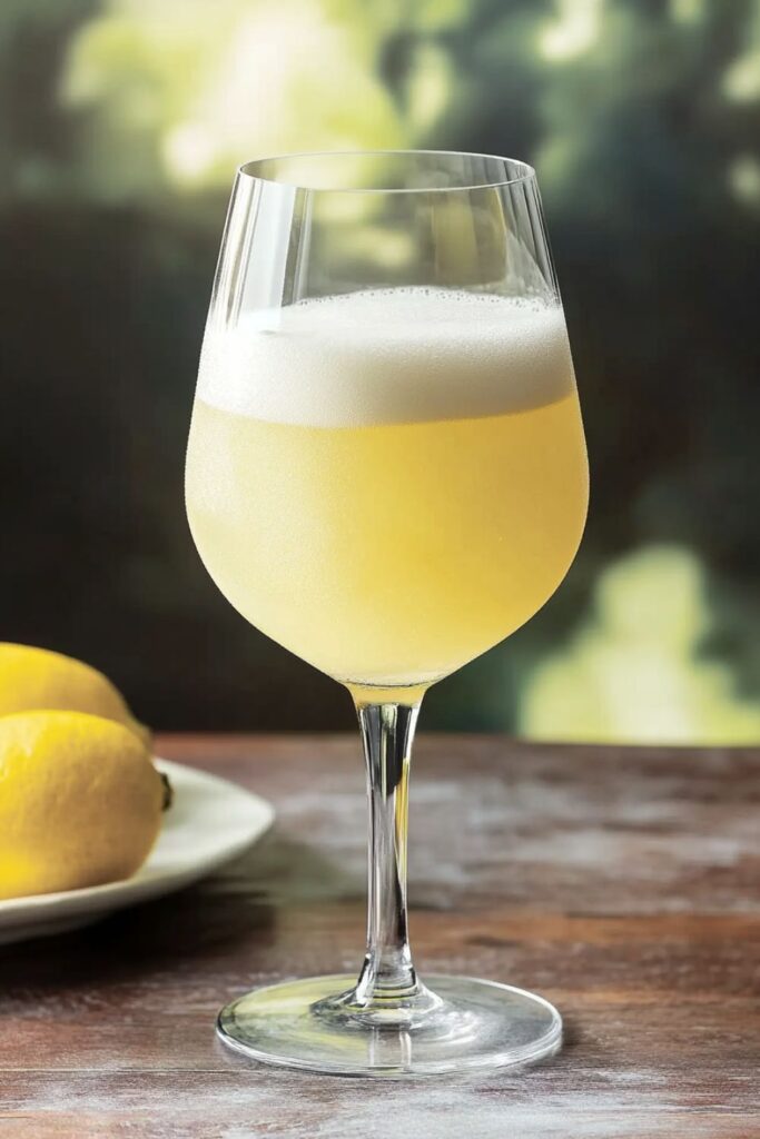 A refreshing Sgroppino cocktail served in a tall white wine glass, featuring a frothy, icy texture and garnished with a lemon twist, set against a dark background to highlight its creamy appearance.