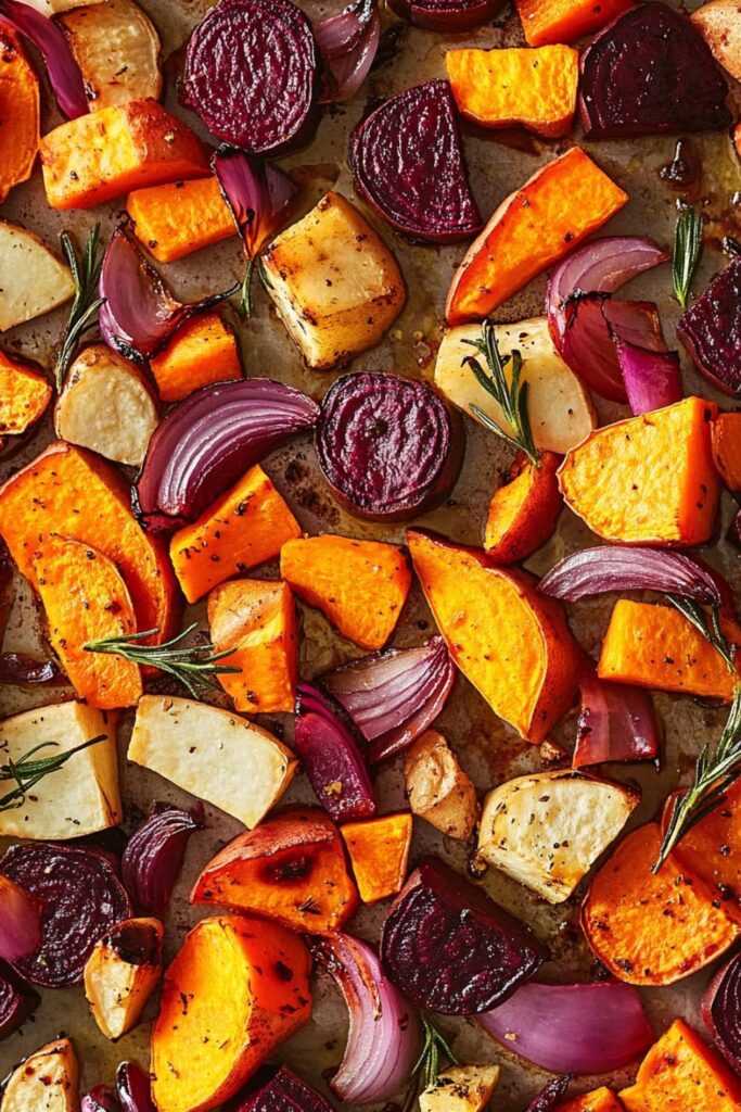 A mix of roasted root vegetables on a sheet pan, with vibrant colors from sweet potatoes, beets, and carrots, perfect as a side dish for a healthy Christmas dinner for two.