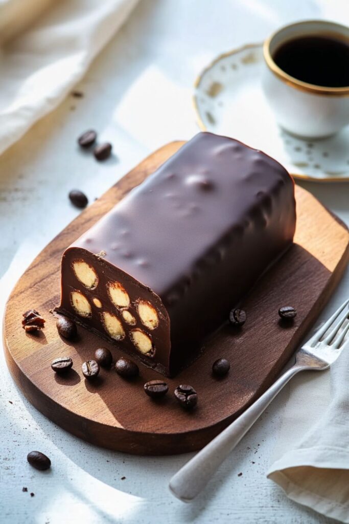  Italian soft coffee and chocolate torrone, a rich nougat dessert with a creamy texture and bold flavors, showcasing a smooth chocolate layer and infused with coffee for a delightful taste experience.