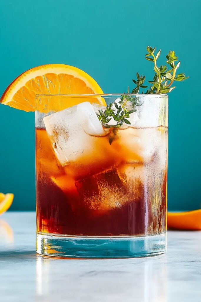 A Sorrentino cocktail served in a clear glass, featuring a vibrant amber color and garnished with a sprig of thyme and a slice of orange, set against a bright blue background.