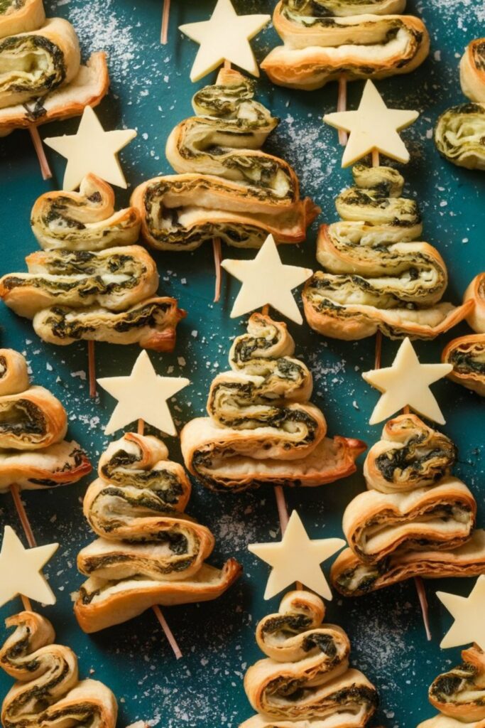 A platter of puff pastry skewers shaped like Christmas trees, filled with creamy spinach and artichoke dip. Each tree is topped with a small cheese star, creating a festive holiday appetizer perfect for a Christmas buffet.