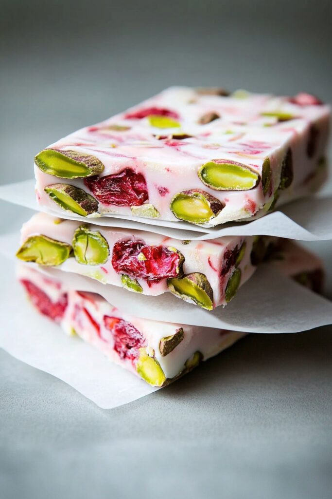 Stack of pink and white Italian nougat with vibrant green pistachios and swirls of freeze-dried strawberry, layered with rice paper.