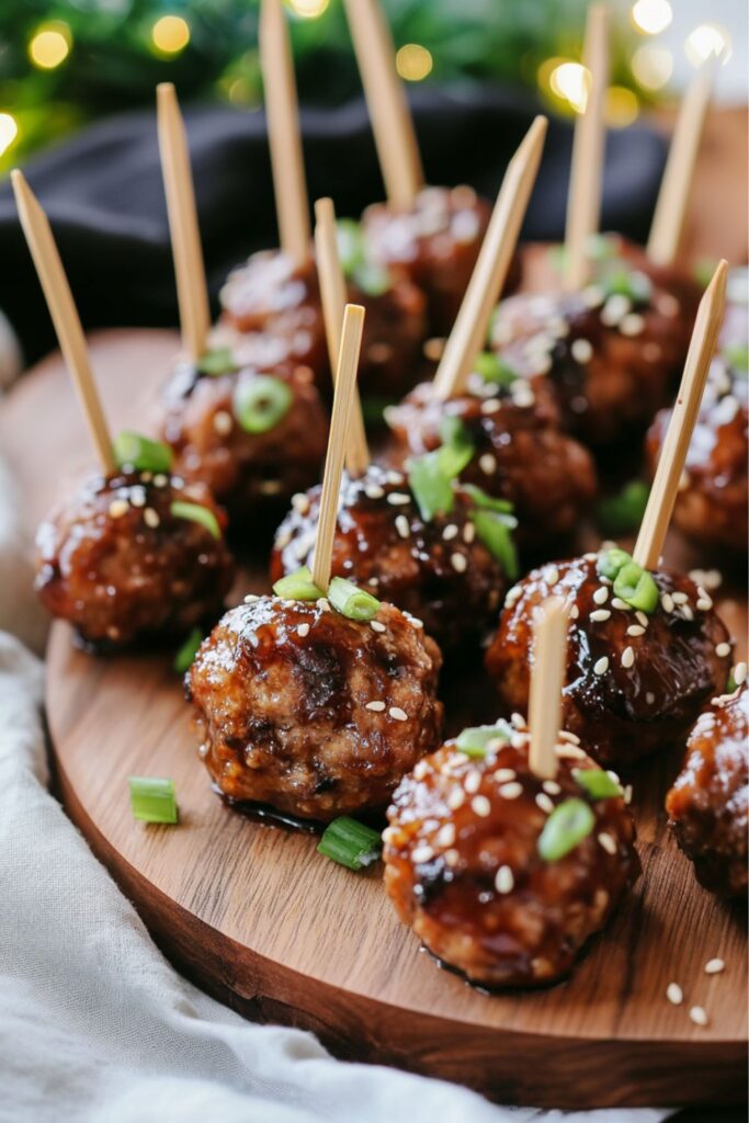 Teriyaki meatballs topped with sesame seeds and chopped green onions, each skewered with a wooden pick, making them a perfect finger food for a holiday party buffet.