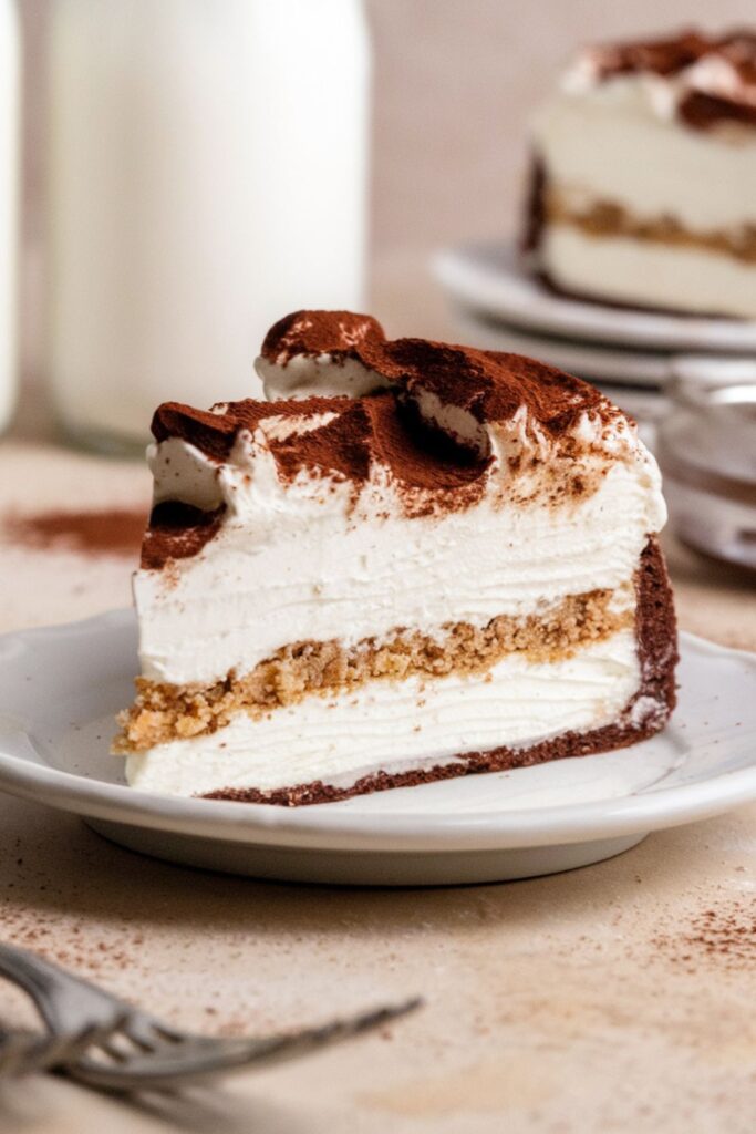 A rich slice of tiramisu cheesecake with layers of mascarpone cream, coffee-soaked ladyfingers, and a cocoa-dusted topping, blending classic flavors from both cheesecake and traditional Italian Christmas desserts.