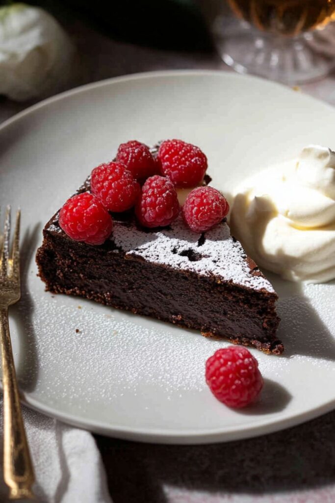 A slice of Torta Caprese, an elegant Italian Christmas dessert, served with fresh raspberries and cream on a white plate, accompanied by a glass of dessert wine.