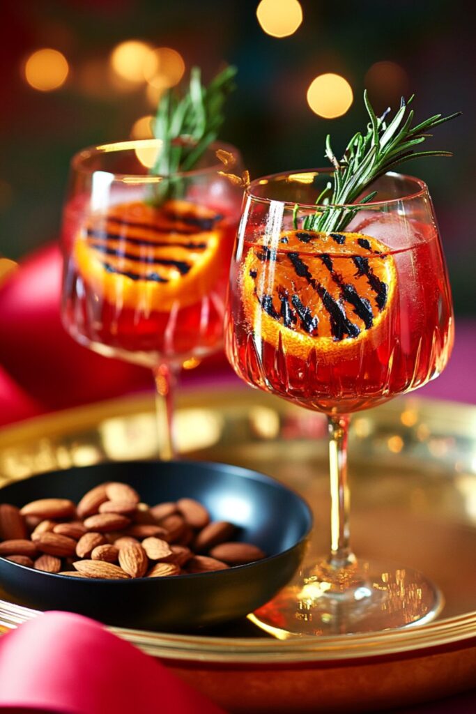 Festive Italian Christmas cocktail featuring Aperol with cranberry juice and charred orange slices, garnished with rosemary, served in an elegant glass on a holiday tray.